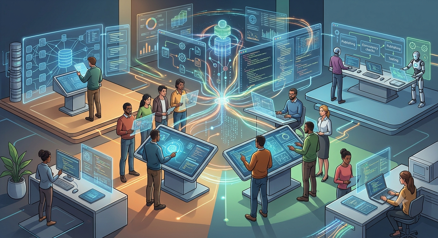 An isometric illustration of software engineers at connected stations around a glowing central data nexus with interactive screens and a testing robot.